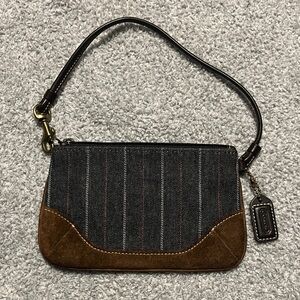 Coach Vintage Denim Blue Pinstripe Wristlet with Brown Suede Bottom and Hangtag
